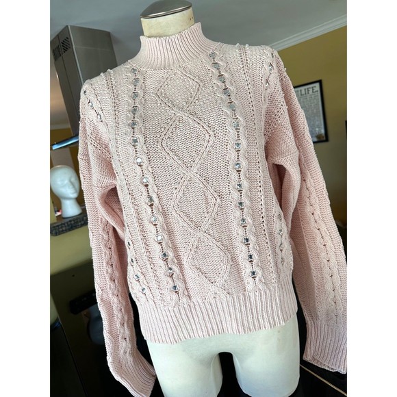 VTG 1980 Blush Ballet Pink Pearl Rhinestone Embellished Cotton Cableknit Sweater - Picture 6 of 12